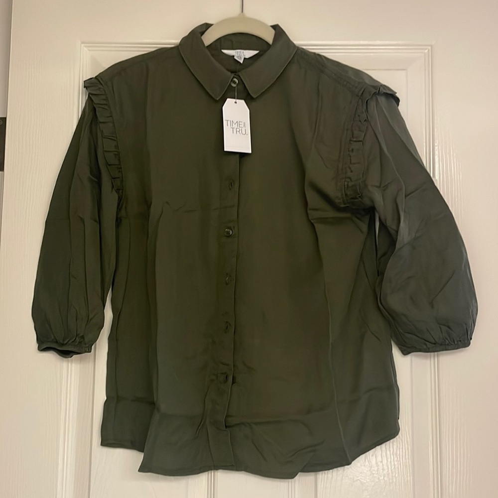 Time and Tru Blouse – Hunter Green, Ruffle Sleeves - Size XS